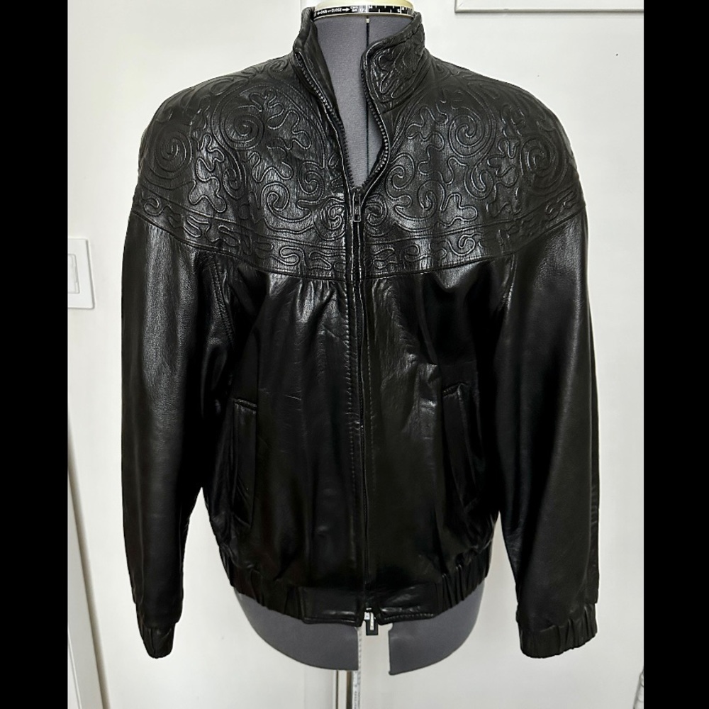 VINTAGE 1980s VAKKO NEIMAN MARCUS BLACK LEATHER EMBROIDERED BOMBER JACKET M EUC - Picture 1 of 8